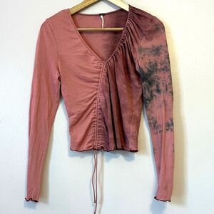 Free People Mauve Pink Long Sleeve V-Neck Ruched Top with Tie